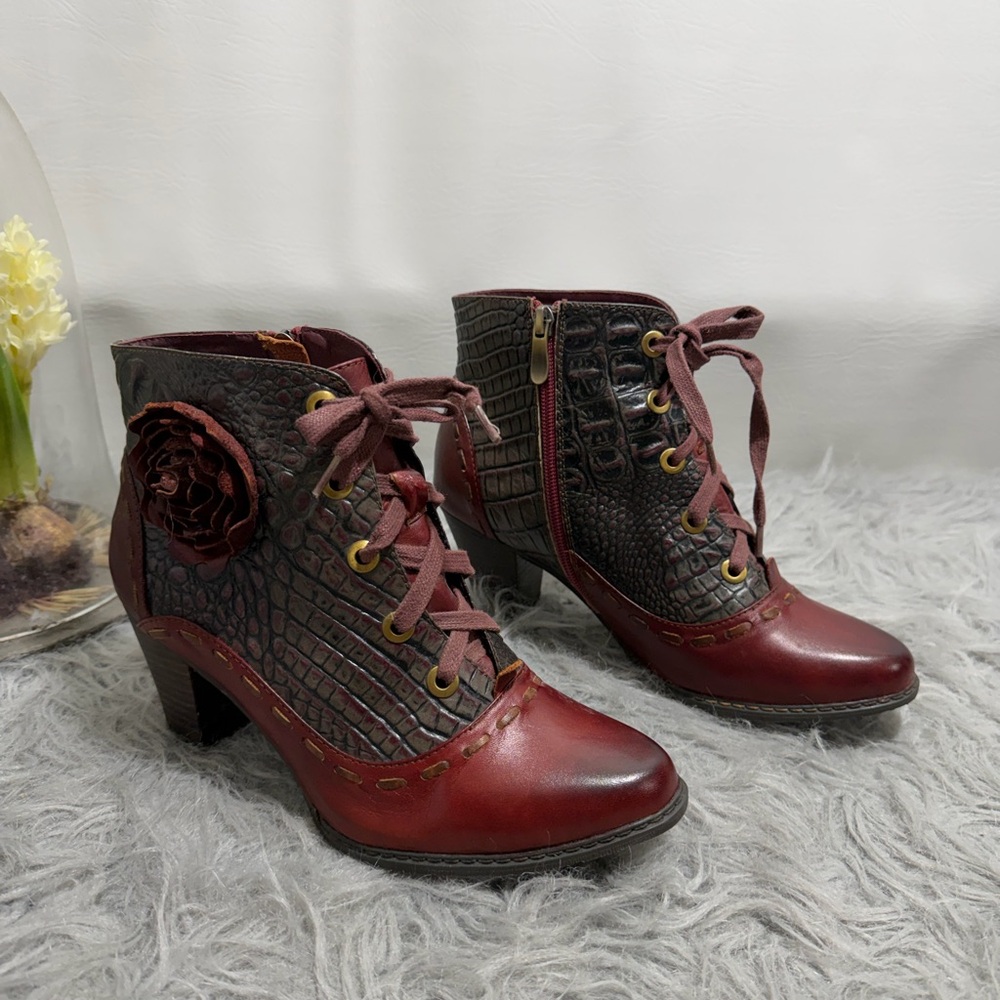 Lartiste Spring Step Burgundy Lace Up Boots with Floral Accent